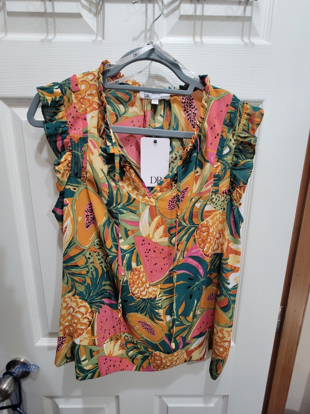 DR2 Tropical Fruit Print Ruffle Sleeve Women's Top in Pink & Orange
